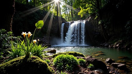 Wall Mural - AI-generated serene waterfall in lush forest with sunlight streaming through trees