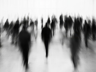 Poster - Blurred crowd walking in motion monochrome artistic shot of people in a hurry in a public space abstract view