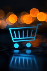 Poster - Glowing Shopping Cart Icon on Dark Reflective Surface with Bokeh Lights Abstract Online Retail Concept