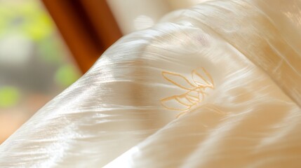 Poster - Elegant ivory fabric with golden embroidered floral design detail closeup