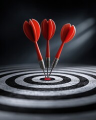 Poster - Darts hitting bullseye on target close up studio shot concept for success accuracy and precision achievement