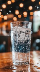 Poster - Refreshing glass of sparkling water with bubbles on a table in a restaurant setting close up view