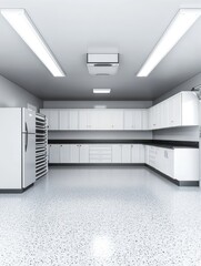 Poster - Clean modern garage interior with white cabinets and epoxy floor; wide angle shot of organized storage space