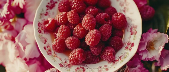 Aufkleber - Fresh Raspberries on Floral Plate with Pink Flowers Close Up Still Life Food Photography