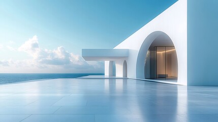 Aufkleber - 青い空と海を望む白いミニマリスト建築 デザインが施されたアーチ型の入り口とコンクリートのテラスを備えた現代的な建物