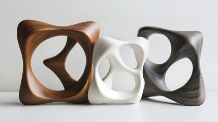 Aufkleber - Three Abstract Sculptures in Wood and White Plaster on White Background Studio Shot