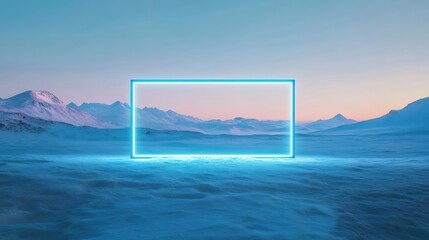 Aufkleber - 雪原に浮かぶネオンブルーの長方形フレームと山々の遠景 冬の寒さと幻想的な雰囲気が調和した抽象的な風景アート
