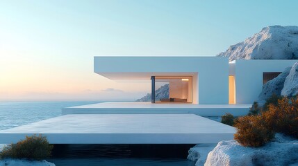 Aufkleber - 穏やかな海と白い崖の現代的なミニマリストの家のデザインの夕暮れ時の眺め