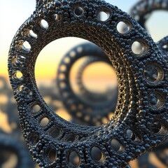 Aufkleber - Abstract fractal structure rings with holes close up digital art against sunset sky background geometric design