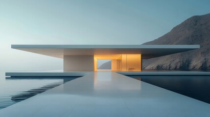 Aufkleber - 海辺のモダンなミニマリスト建築 白い壁とテラスのある幾何学的な家 山を背景にした静かな海の眺め