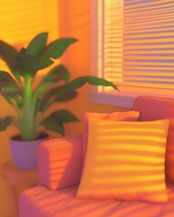 Aufkleber - Cozy Living Room Interior with Plant and Pillow in Warm Light Close Up Shot Home Decor
