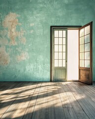 Leinwandbilder - Open Doorway in Distressed Room Interior with Sunlight Streaming Across Wood Floor; Vintage Style, inviting, hopeful, peaceful, opportunity, new beginnings, light