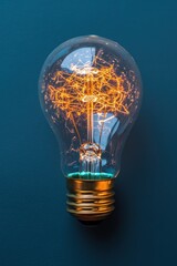 Poster - Glowing Tungsten Filament Light Bulb on Dark Blue Background Close Up Studio Shot Idea Concept Energy