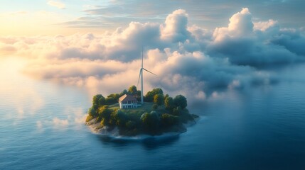 Aufkleber - 雲海の上の孤立した島の穏やかな眺め 青い海と緑の木々 夕焼けの空と静かな雰囲気