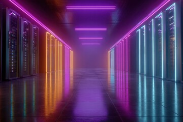 Fototapete - Data Center Servers in Neon Lit Hallway Perspective View of Network and Technology Infrastructure