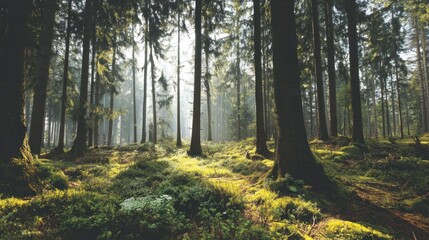 Poster - Sunlight Filtering Through Towering Trees in a Lush Green Forest Scenic View Eye Level Perspective