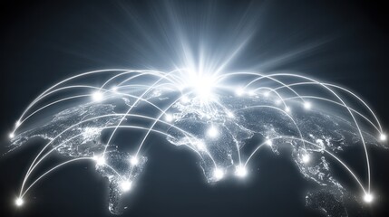 Poster - Global network connecting world continents with bright light emanating from Europe conceptual illustration