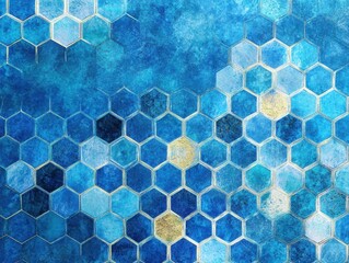 Aufkleber - Abstract blue hexagon tile pattern with gold accents decorative design background top angle view