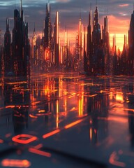 Poster - Futuristic cityscape at sunset reflecting off wet streets low angle view showcasing advanced technology and urban development