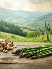 Aufkleber - Asparagus and garlic on rustic wood table overlooking green hills landscape food photography still life