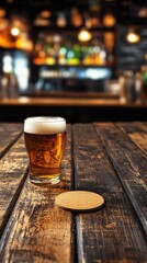 Aufkleber - Pint of Beer on Wooden Table in Bar Setting Close Up View of Refreshment and Cork Coaster