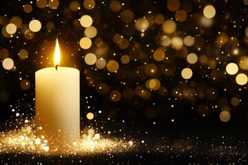 Fototapete - Glowing candle with golden glitter on a dark background creating a festive atmosphere perfect for holidays and celebrations