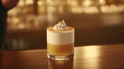 Aufkleber - Elegant layered cocktail with whipped cream topping on bar counter in warm light studio shot