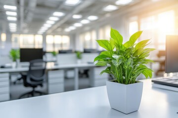 Aufkleber - Potted Plant on Desk in Modern Office Space Interior Design Bright Sunlight Low Angle View