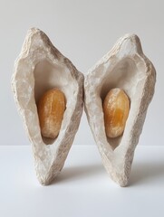 Aufkleber - Abstract still life featuring two stone sculptures holding amber colored objects studio shot minimalist composition