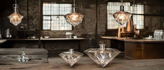 Poster - Diamond Cut Glass Lighting Fixtures in Industrial Loft Interior Design Style Close Up Still Life