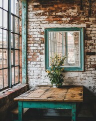Leinwandbilder - Rustic interior with vintage table and flowers against brick wall near window in loft apartment setting