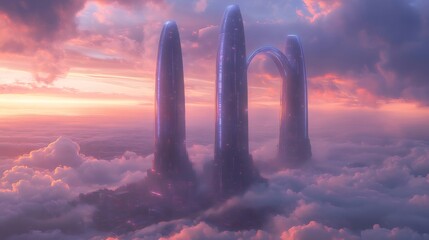 Aufkleber - 劇的なピンクとオレンジの空の雲の上にそびえ立つ未来的な抽象的な建築物 素晴らしい夕暮れ時の超高層ビルと雲海