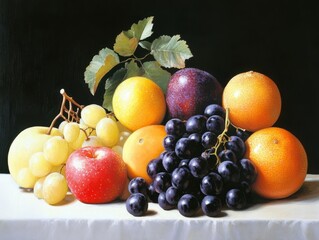 Poster - Still Life Painting of Fruit Assortment on White Tablecloth against Dark Background in Studio Setting