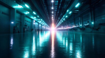 Poster - 青い金属壁と床の反射が特徴の抽象的な未来的なトンネルのインテリア 通路の光る照明と未来的な建築