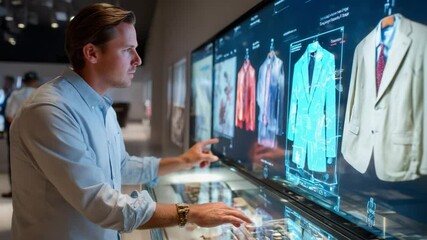 Man Interacting with Interactive Display: A man uses his fingers to navigate a futuristic interactive display showcasing a variety of garments.