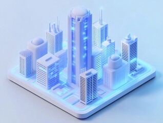 Poster - 未来的な3Dレンダリング都市モデル 青と白の照明付き ミニチュア建築デザイン