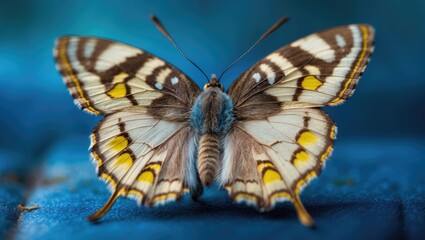 Poster - Detail shot of a delicate butterfly with yellow markings on a blue background in a garden environment