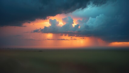 Poster - blurry background featuring a vibrant sunset with clouds, rain, and scenic plains