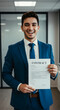 © Siasart - Enthusiastic Businessman in Blue Suit Holds Contract Document in Office