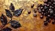 © Wannaeka - Close-up of Dark Brown Coffee Beans on Textured Background with Black Leaves and Earthy Tones