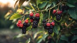 Fresh blackberries ripening on a berry branch in summer nature
