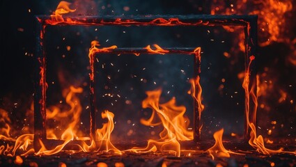 Poster - Fiery explosion with sparks and glowing orange flames on a dark, dangerous backdrop