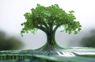Poster - 抽象的な緑の粒子でできた木 緑の背景に水の表面とぼやけた風景 環境と持続可能性のコンセプト