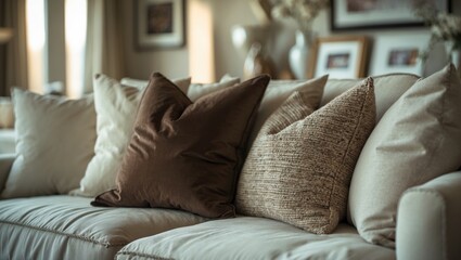 Poster - Light-colored fabric sofa with cushions in a cheerful living space illuminated by natural light