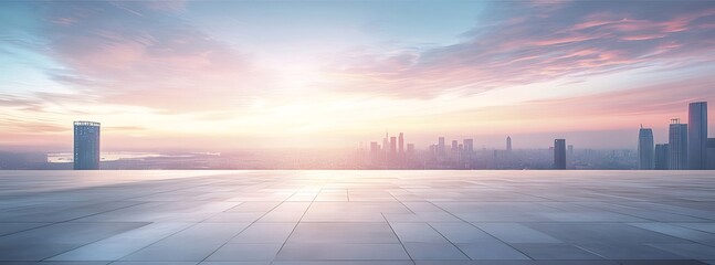 Aufkleber - ピンクの夕焼けの空の下の都市のスカイラインと高層ビル 都会の景観とモダンな建築物の美しいパノラマビュー
