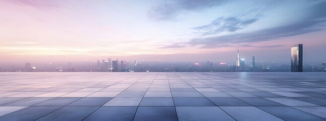 Aufkleber - タイル敷きの屋上から見る都市のスカイラインのパノラマビュー 夕暮れの空と都市の明かりが特徴的な未来的な建築物の夜景