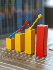 Poster - Toy Bar Chart Showing Growth with Wooden Blocks and Colorful Line Graph on Desk Surface Close Up
