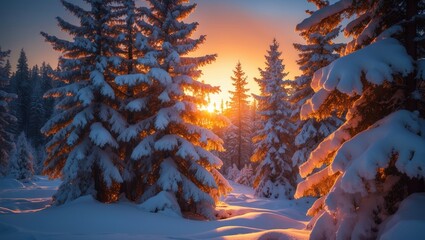 Poster - majestic winter landscape with snow-laden branches glowing in warm sunset light
