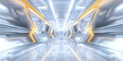 Aufkleber - 白と金色の幾何学的な未来的なトンネルの抽象的なデザイン、反射面を持つモダンな技術構造、廊下の背景