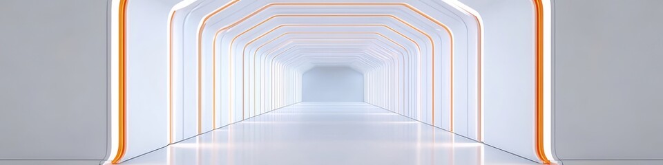 Aufkleber - 現代的な白とオレンジの抽象的な幾何学的廊下 未来的な内部空間 ミニマリストデザインとクリーンなラインを持つスタイリッシュなアーキテクチャ